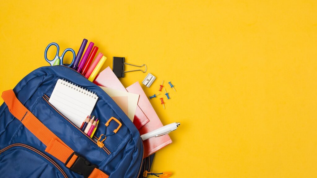school supplies, stationery, backpack